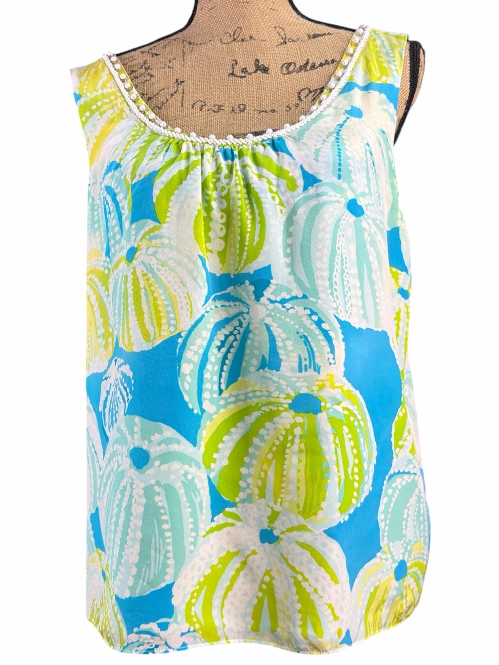 Lilly Pulitzer Vintage Blue, Green & White Printed Scoop Neck Tank EC Size 8